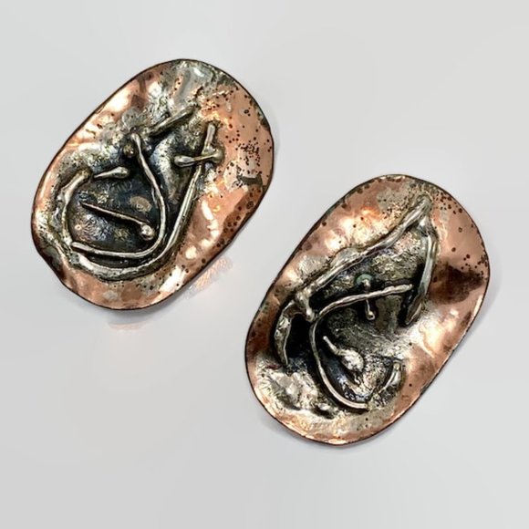 Similar Items to Mixed Metal Pierced Dangle Earrings – Large  Brutalist Earrings, Mixed Metal, Copper, Silver, Clis, Vintage Earrings, Large